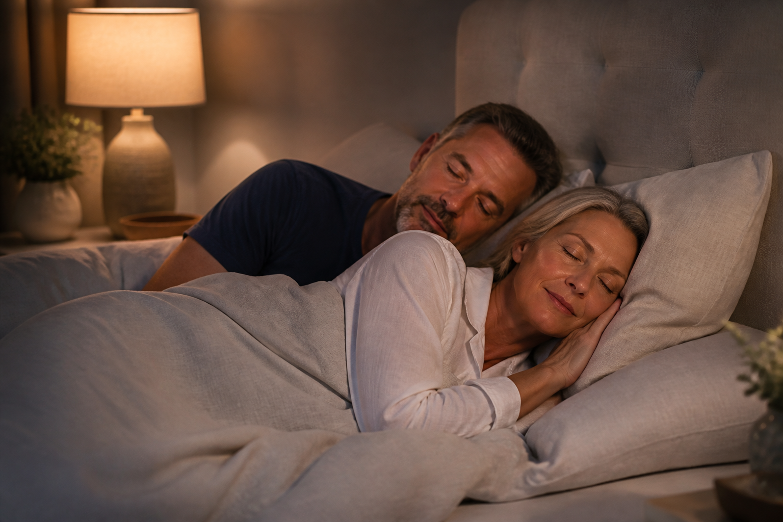Couple resting peacefully in a softly lit bedroom