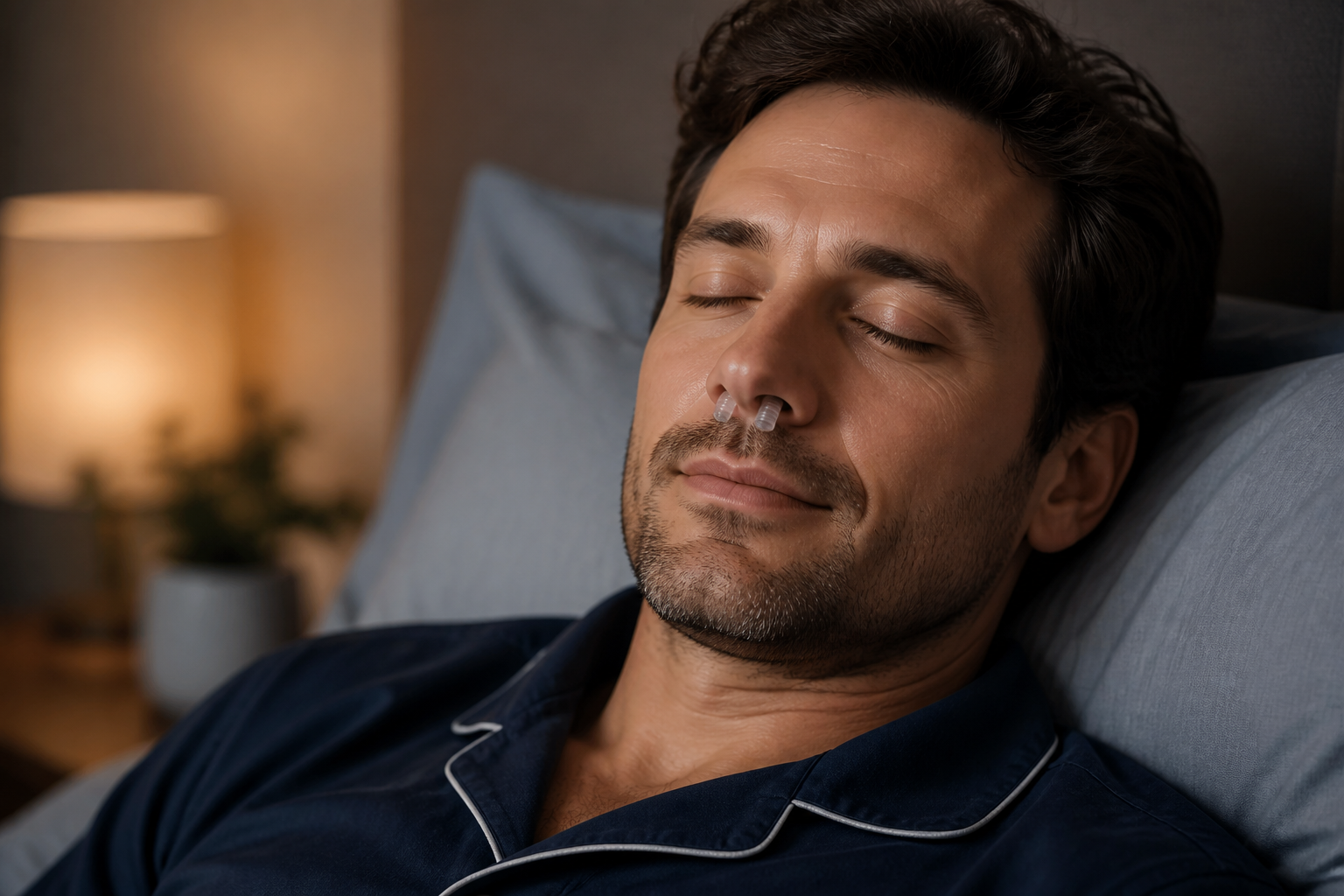 Adult resting comfortably while using QuietRail nasal dilators at bedtime